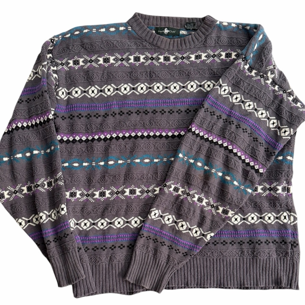 VTG Hunt Club‎ Knit Sweater Gray Purple Teal Geometric Pattern 100% Cotton Men L